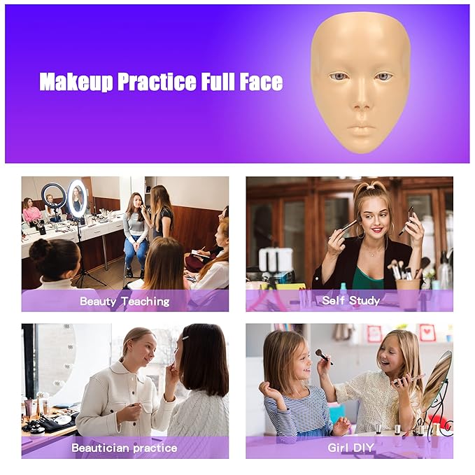 Makeup Practice Mannequin Face, 5d Reusable Silicone Makeup Practice Board Full Face with Makeup Brushes Sponge Set and Eyeshadow Board Makeup Kit for Makeup Artist, Girl's Gift Or Professionals-VivaGrace Women