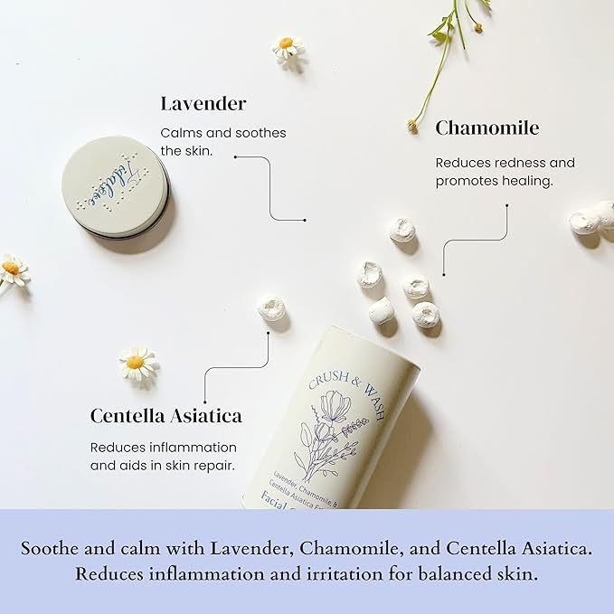 3-in-1 Solid Facial Cleanser, Exfoliator, and Wash-off Mask - Vegan, Cruelty-Free, Plastic-Free, Travel-Friendly, 1 Month Supply (60 Crushable Tablets) in Tin (Calming Beans in Tin)-VivaGrace Women