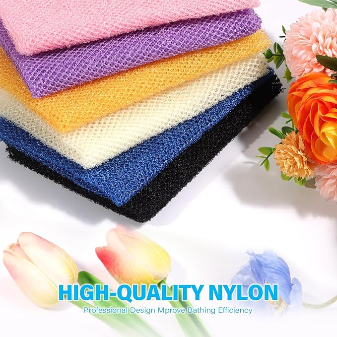 UJFQBH 6 Pieces African Bath Sponge African Net Long Net Bath Sponge Exfoliating Shower Body Scrubber Back Scrubber Skin Smoother,Great for Daily Use (Pink, Yellow, Purple, Blue, Black, Off-White)-VivaGrace Women
