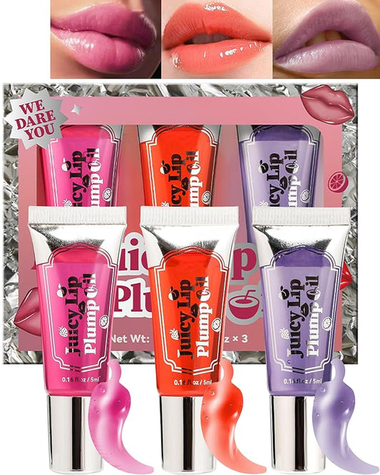 Plumping Lip Oil Kit-3Pcs Hydrating Glossier Tinted Lip Gloss,Long Lasting Lip Plumper and Pout Booster LIpgloss, Moisturizing Non-Sticky Natural Fuller Lip Tint Stain, Makeup Gift for Women-Set B-VivaGrace Women
