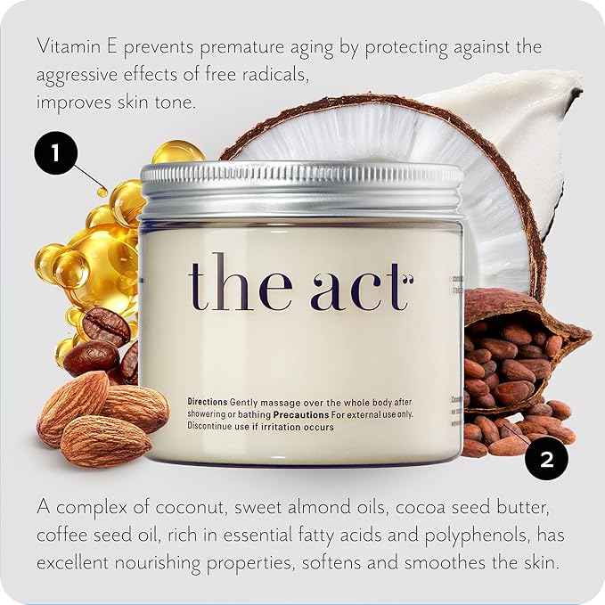 THE ACT Solid Coconut Body Butter – Organic Vegan Moisturizer with Shea & Almond Oils – Melts in Hands – Massage Balm for Dry Skin – Natural Skincare for Women & Men – 6 oz with Spatula-VivaGrace Women