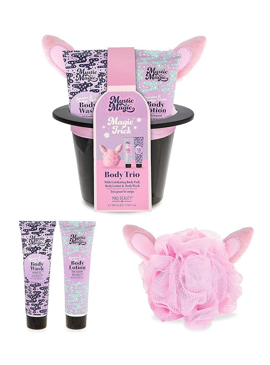 MAD BEAUTY Mystic Magic Rabbit in the Hat Body Trio, 3-in-1 Bath Kit: Exfoliating Loofah, Body Lotion, & Body Wash, Gorgeous Jasmine & Indigo Violet, Relax & Unwind, Great Self-Care Gift Set-VivaGrace Women