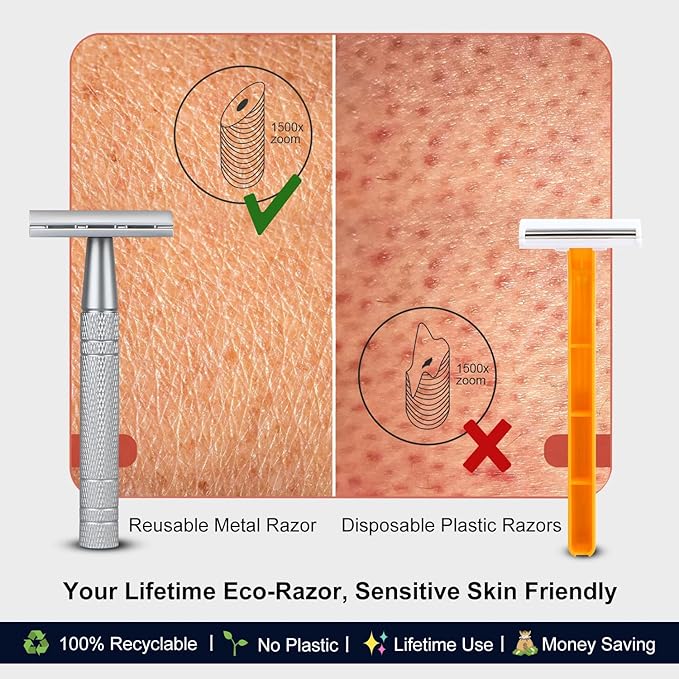 Double Edge Safety Razor, Single Blade Razors for Men and Women, with 10 Double Edge Blades, Reusable Metal 1 Blade Razor, Eco-Friendly, Zero Waste, Smooth and Close Shave, Matte Silver-VivaGrace Women