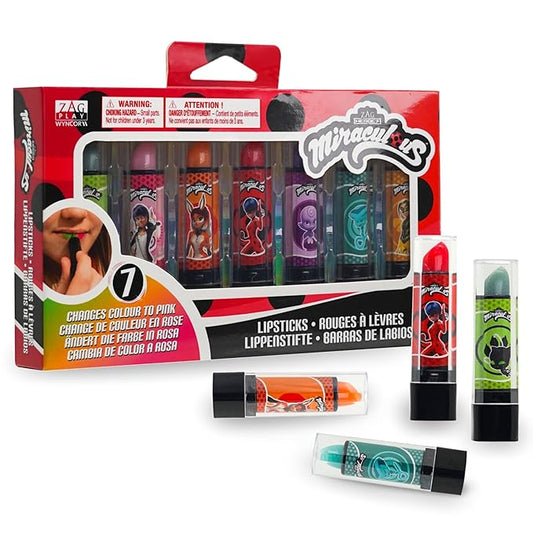 Miraculous Ladybug Cosmetic Lipstick Set - 7 Fruit Scented Color-Changing Lipsticks for Kids - Transforming Lipsticks Turn Pink - Magic Lipsticks Gift Set - Safe & Fun Makeup Kit-VivaGrace Women