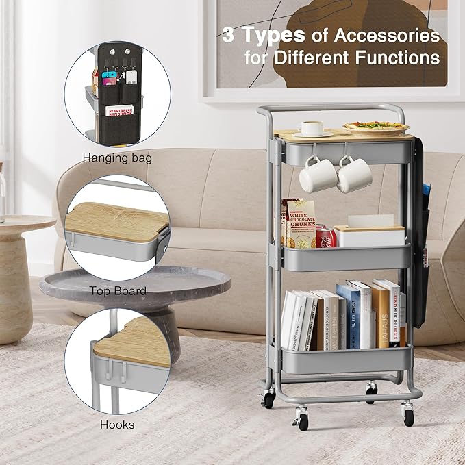 DTK 3 Tier Metal Utility Rolling Cart with Table Top and Side Bags, Tray Storage Organizer Wheels, Art Craft 4 Hooks for Kitchen Bathroom Office Living Room(Grey)-VivaGrace Women