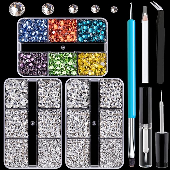 Colorful Face Gems for Makeup Set, Clear Glass Gems+Mixed-Colored Crystals with Picker Pencil, Makeup Glue, Dual-End Dotting Tool, Tweezer for Eye Body Hair Make-up and Nail Art Deco-VivaGrace Women