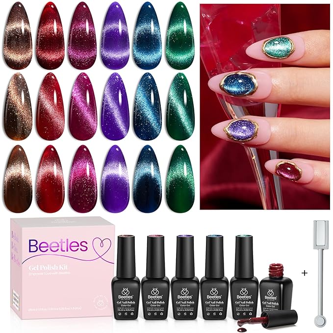 Beetles Cat Eye Gel Nail Polish Set, 6 Colors Glitter Red Pink Shiny Brown Burgundy Purple Blue Green Magnetic Effect Sparkle Stunning Nail Gel Polish Kit Soak Off UV Manicure Gifts for Women-VivaGrace Women