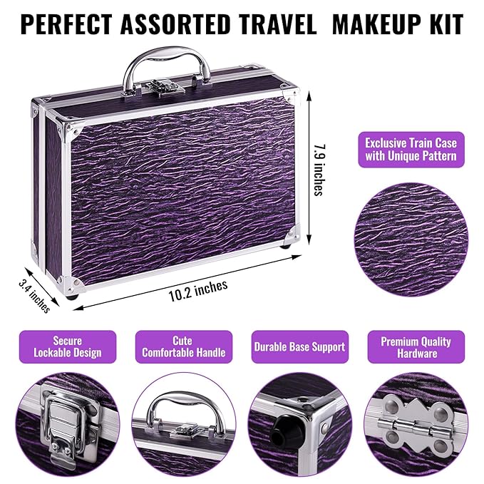 Makeup Kit for Teen Girls & Women Full Kit, Beauty Train Case with Starter Cosmetic Set, Make Up Valentine's Day Gift Box with Eyeshadow,Lipgloss,Highlighter,Blush,Lip&Eye Pencils,Brush & More(Purple)-VivaGrace Women