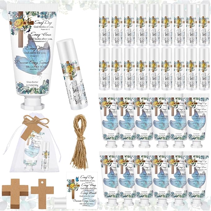 144 Pcs Christian Lip Balm Hand Cream Set Party Favors, Include 36 Bible Lip Balm 36 Moisturizing Hand Cream 36 Bags 36 Cards and Ropes for Accessories Gifts (Biblical, Cross)-VivaGrace Women