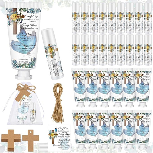 144 Pcs Christian Lip Balm Hand Cream Set Party Favors, Include 36 Bible Lip Balm 36 Moisturizing Hand Cream 36 Bags 36 Cards and Ropes for Accessories Gifts (Biblical, Cross)-VivaGrace Women