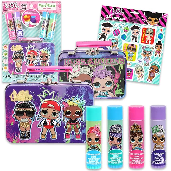 LOL Doll Lip Balm Set - Bundle with 4 LOL Doll Lip Balm Tubes, Carrying Tin, Stickers and More | LOL Doll Lip Balm Kit for Kids, Girls-VivaGrace Women