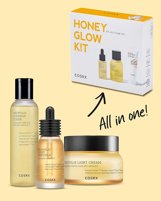 COSRX Honey Glow Kit | Facial Toner, Serum, Cream with Propolis Extract | Deep Moisture, Hydration, Nourishment | Travel Size Set, Gift Set, Korean Skincare, Not Tested on Animals, Paraben Free-VivaGrace Women
