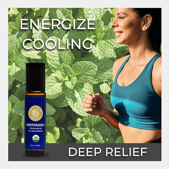 Silk Road Organic Peppermint Essential Oil Roll On, Mentha Piperita, 100% Pure USDA Certified Aromatherapy - Headache, Morning Sickness, Nausea, Energy & Hair - 10 ml Roller-VivaGrace Women