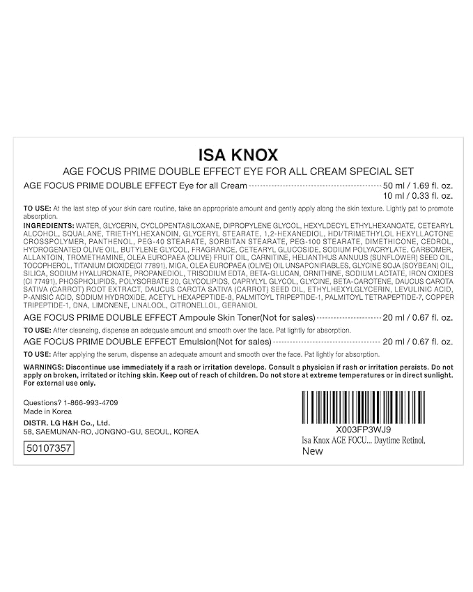 Isa Knox AGE FOCUS Prime Double Effect Eye For All Cream Set (3.4fl oz) - Korean Skincare Set, Lightweight Rich Eye Cream, Toner, Emulsion with Daytime Retinol,-VivaGrace Women