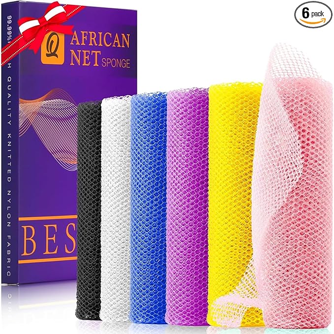 UJFQBH 6 Pieces African Bath Sponge African Net Long Net Bath Sponge Exfoliating Shower Body Scrubber Back Scrubber Skin Smoother,Great for Daily Use (Pink, Yellow, Purple, Blue, Black, Off-White)-VivaGrace Women