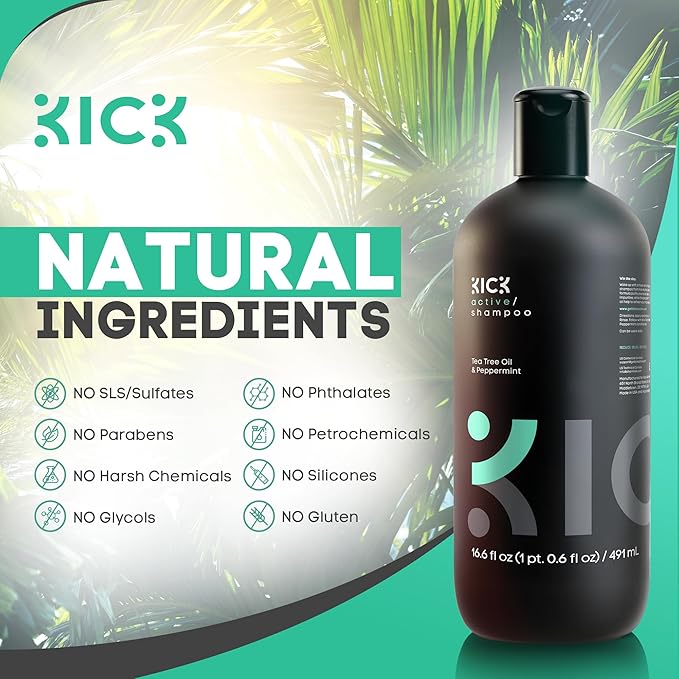 Kick Mens Shampoo - Peppermint & Tea Tree for Oil Control - Sulfate-Free, Refreshing Formula - Anti-Dandruff and Scalp Soothing - Shampoo for Oily Hair - Cruelty-Free - 16.6oz-VivaGrace Women