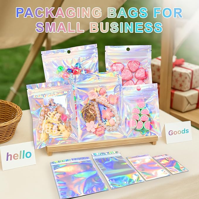 ANZNKU 100 Pack Mylar Bags Reasealable Holographic Bags, Smell Proof Bag Zipper Pouches with Clear Window, Jewelry Candy Sealable Bag for Packaging Sample Party Favor (5.1 x 8.3 Inch)-VivaGrace Women