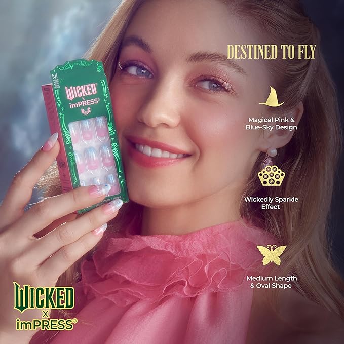 WICKED X imPRESS Design Press On Nails , The EASIEST NO GLUE Mani, Super Hold Adhesive, ‘Destined To’, Pink/Sky Blue, Medium Oval, Includes 30 Fake Nails, 1 Prep Pad, 1 Manicure Stick, 1 Mini File
