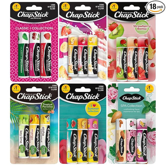 ChapStick Lip Balm, Sweet & Fruity Flavors + SPA & Classic Collections, 18-Pack – Includes Strawberry Remix, I Love Summer & Tropical Paradise & More, Birthday Gifts, Party Favors, 0.15 Oz-VivaGrace Women