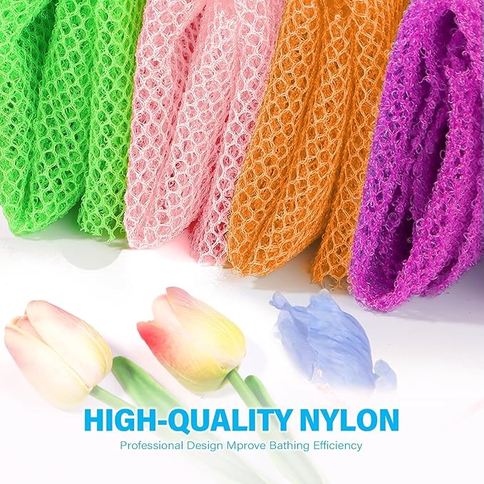 UJFQBH 4 Pieces African Net Sponge African Net Long Net Bath Sponge Exfoliating Shower Body Scrubber Back Scrubber Skin Smoother,Great for Daily Use (Purple, Orange, Green, Pink)-VivaGrace Women