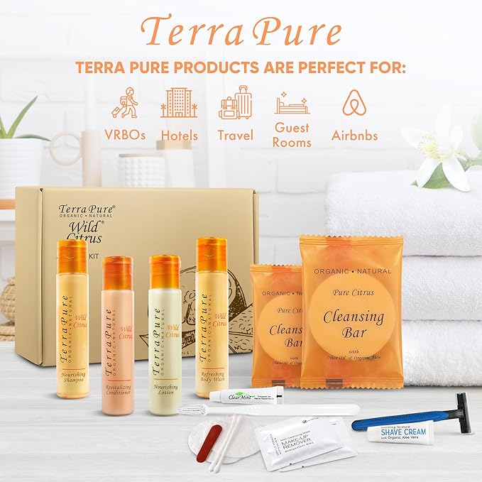 Terra Pure Amenity & Accessory Kit |1 oz Travel Size Shampoo, Conditioner, Lotion, Body Wash, 2 Cleansing Bars, Shave & Dental Sets, Make-Up Remover Wipes, & Vanity Kit | 1 set per case-VivaGrace Women