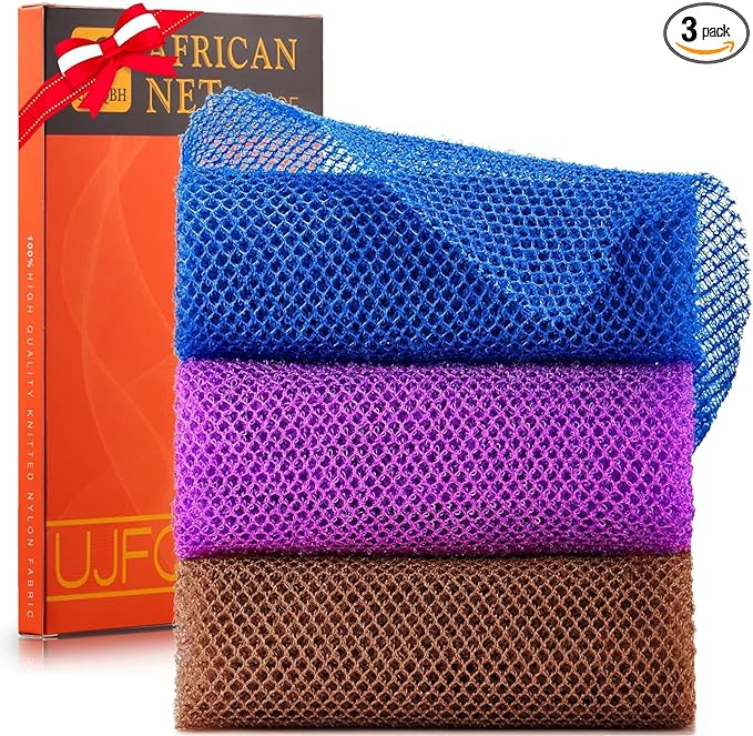 UJFQBH 3 Pieces African Bath Sponge African Net Long Net Bath Sponge Exfoliating Shower Body Scrubber Back Scrubber Skin Smoother,Great for Daily Use (Brown, Blue, Purple)-VivaGrace Women