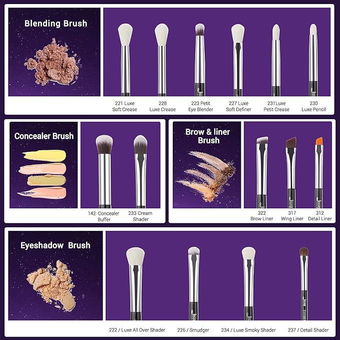 Jessup Eye Makeup Brushes Set Professional 15pcs with Eyeshadow Blending Concealer Eyebrow Eyliner Brush (Pearl Black/Silver)-VivaGrace Women