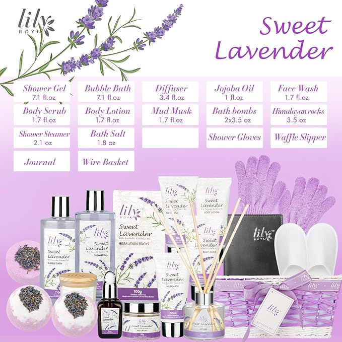 Mothers Day Gifts for Mom - 18-Piece Luxury Bath and Body Gift Set for Women, Lavender Spa Gift Basket with Bath Bomb, Diffuser | Self Care, Christmas Birthday Gifts for Her, Bridal Shower Pamper Kit-VivaGrace Women