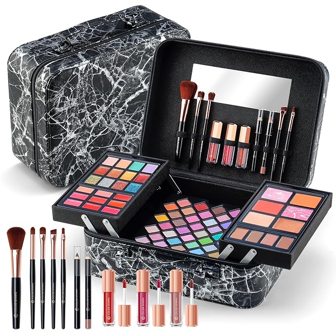 Makeup Kit for Women,All in One Makeup Gift Set for Girls in Cosmetic Train Case (Black) With Mirror,Full Cosmetic Kit Includes Eyeshadow Palette,Lipgloss,Blushes,Pencil,Brush Applicators-VivaGrace Women