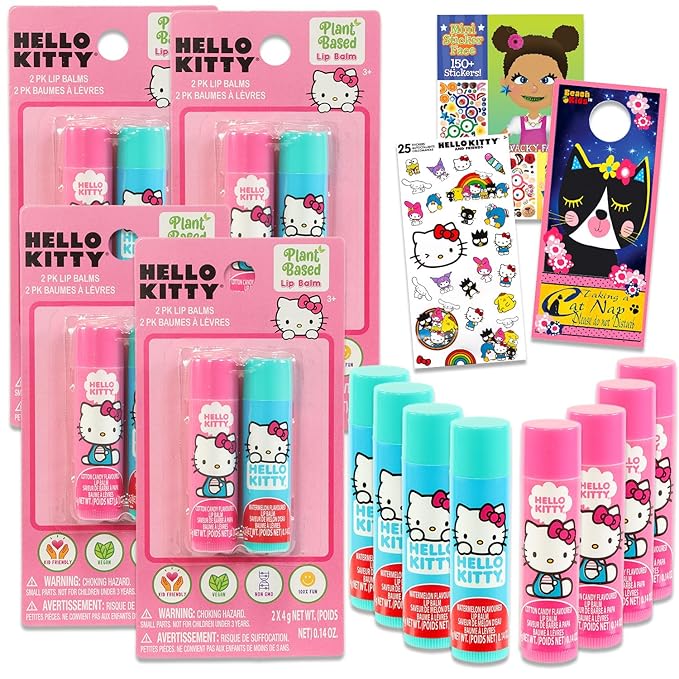 Hello Kitty Lip Balm Tubes - Bundle with 8 Hello Kitty Lip Balms in Assorted Flavors for Party Favors Plus Hello Kitty Stickers, Sticker Activity Book, More | Hello Kitty Party Favors-VivaGrace Women