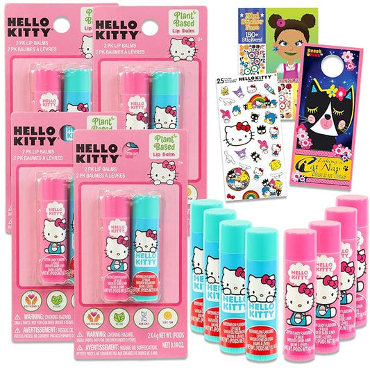 Hello Kitty Lip Balm Tubes - Bundle with 8 Hello Kitty Lip Balms in Assorted Flavors for Party Favors Plus Hello Kitty Stickers, Sticker Activity Book, More | Hello Kitty Party Favors-VivaGrace Women