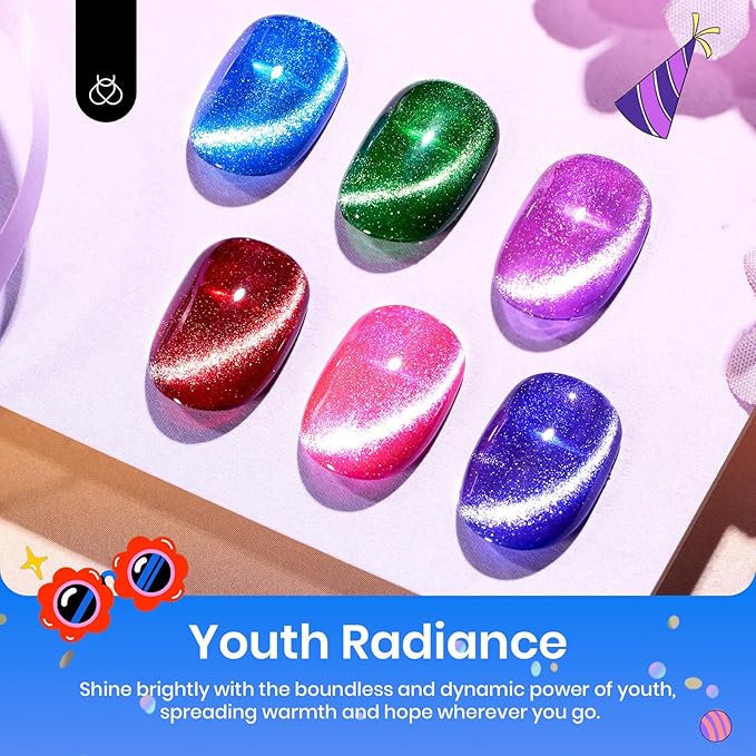 Beetles Cat Eye Gel Nail Polish, 6 Colors Summer Cat Eye Glitter Gel Polish Set Neon Red Pink Purple Blue Green with Magnet Velvet Gel Kit French Nail Art Manicure Gift for Women-VivaGrace Women