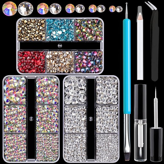 Colorful Face Gems for Makeup Set, Flatback Gorgeous AB+Clear+Mixed-colored Gem with Makeup Glue, Picker Pencil, Makeup Glue, Dual-End Dotting Tool, Tweezer for Eye Body Hair Make-up and Nail Art Deco-VivaGrace Women