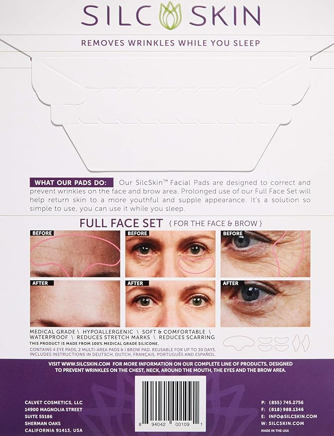 SilcSkin Full Face Set, Helps with Face & Brow Wrinkles from Sun Aging Side Sleeping, Reusable Self Adhesive Medical Grade Silicone, 1 Brow Pad, 4 Eye Pads, 2 Multi-Area Pads - 45 Day Supply-VivaGrace Women