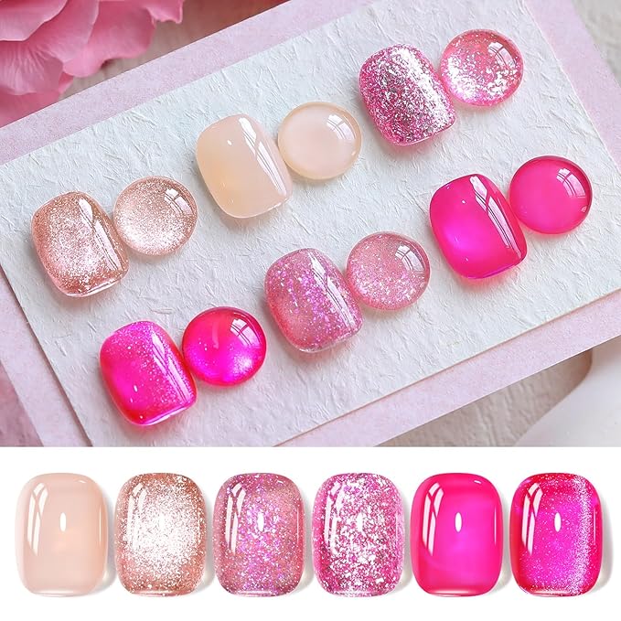 Born Pretty Gel Nail Polish Pink Series,Jelly Transparent Gel Polish, Cat Magnetic Eye,Holographic Glitter Hot Pink Nude Gel Polish for Salon Manicure and Nail Art DIY at Home 6 Colors-VivaGrace Women
