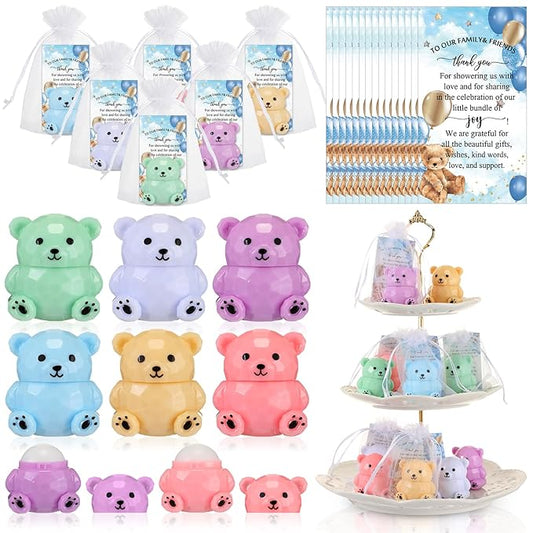 24 Sets Baby Shower Bear Lip Balm Favors Bear Lip Care Transparent Lipstick with Gift Bags and Thank You Cards for Baby Shower Gender Reveal Favors Decorations Gift Supplies-VivaGrace Women
