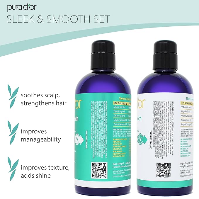 PURA D'OR Sleek & Smooth Shampoo and Conditioner Set For Frizz-Free & Silky Smooth Hair, Infused with Organic Aloe Vera, Argan Oil, Castor Oil, Bergamot Oil & Geranium Oil-VivaGrace Women