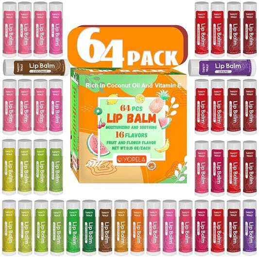 64 Pack Natural Lip Balm Bulk with Vitamin E and Coconut Oil Valentine's Day best choice - Moisturizing, Soothing, and Repairing Dry and Chapped Lips - 16 Flavors - Non-GMO-VivaGrace Women