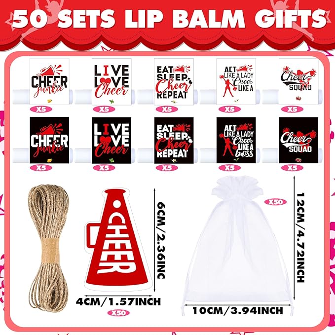 50 Sets Cheer Gifts Bulk 50 Cheer Lip Balm Bulk Moisturizing with 50 Organza Drawstring Gift Bags 50 Tags Cheerleader Gifts Cheer Gifts Bulk for Team (Red)-VivaGrace Women