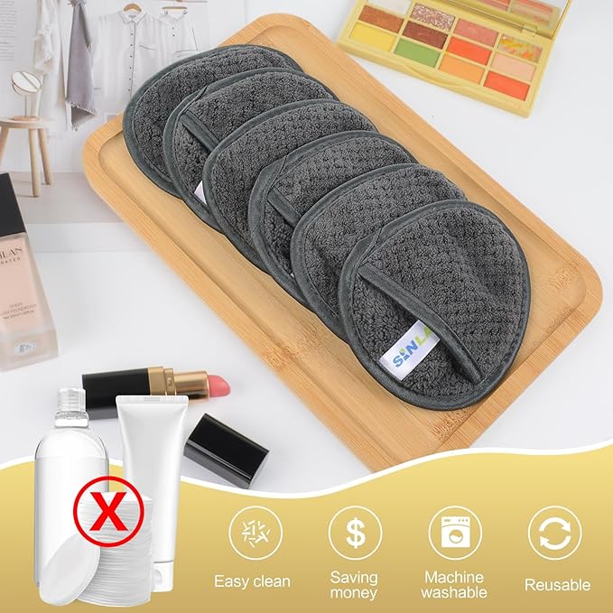 SINLAND Reusable Makeup Remover Pads For Face,Eye,Lips Microfiber Gentle Facial Cleansing Cloths for All Skin Types Friendly for Makeup Remover With Laundry Bag 5.1inchx3.93inch Gray Pack of 6-VivaGrace Women