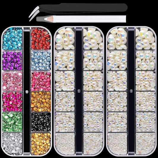 Flat Back Rhinestone+Half Round Pearl Kits Colorful Rhinestones+Beige AB Pearls With Picker Pencil And Tweezer For Home DIY And Professional Use-VivaGrace Women