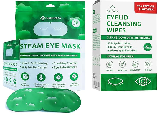 Eyelid Wipes with Tea Tree & Aloe Vera + Steam Eye Mask for Dry Eyes Daily Eyelid Cleanser & Self-Heating Eye Mask for Relaxation & Relief | 30 Eyelid Wipes & 16 Eye Masks