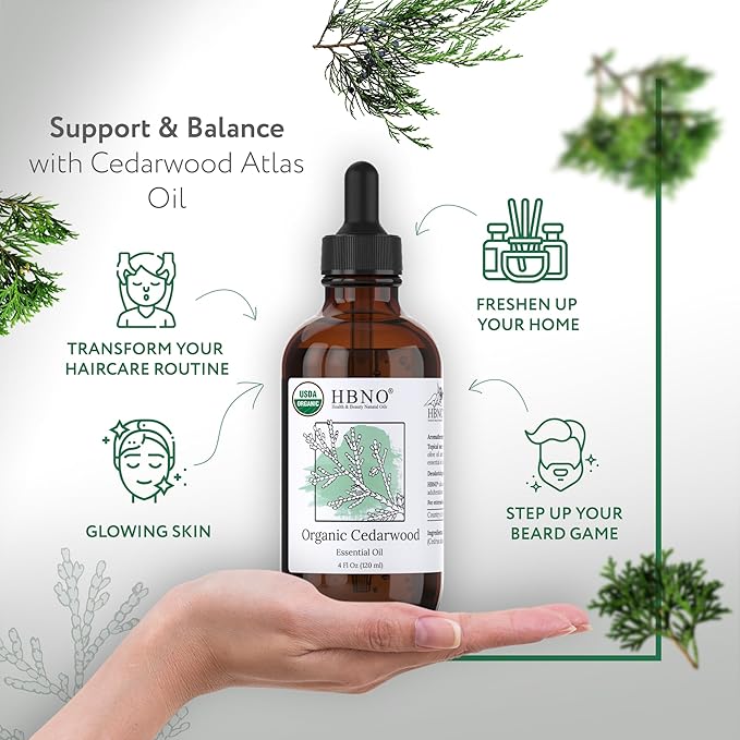 HBNO Organic Cedarwood Essential Oil - Huge 4 oz (120ml) Value Size - USDA Certified Organic Cedarwood Essential Oil for Aromatherapy, Soap Making, DIY, Fragrances, Diffuser.-VivaGrace Women