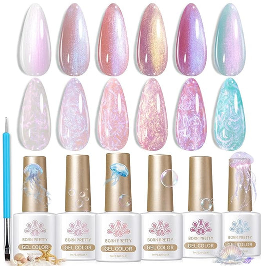 Born Pretty Pearl Gel Nail Polish Aurora Iridescent Glitter Shimmer Mermaid Pearl Gel Polish Drawing Gel Nail Polish Shell Swirl Thread Effect Nail Gel Soak Off Led Summer DIY Gift 6PCS-VivaGrace Women