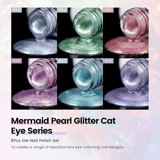 RARJSM Aurora Mermaid Cat Eye Gel Nail Polish Set 6 Colors Velvet Silver Glitter Pink Green Blue Purple Galaxy Star Shimmer Gel Polish with Magnetic Stick UV LED Curing Requires Soak Off Home Salon-VivaGrace Women