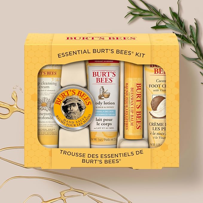 Burt's Bees Back to School Gifts Ideas, 5 Body Care College Dorm Products, Everyday Essentials Set - Original Beeswax Lip Balm, Deep Cleansing Cream, Hand Salve, Body Lotion & Foot Cream, Travel Size-VivaGrace Women