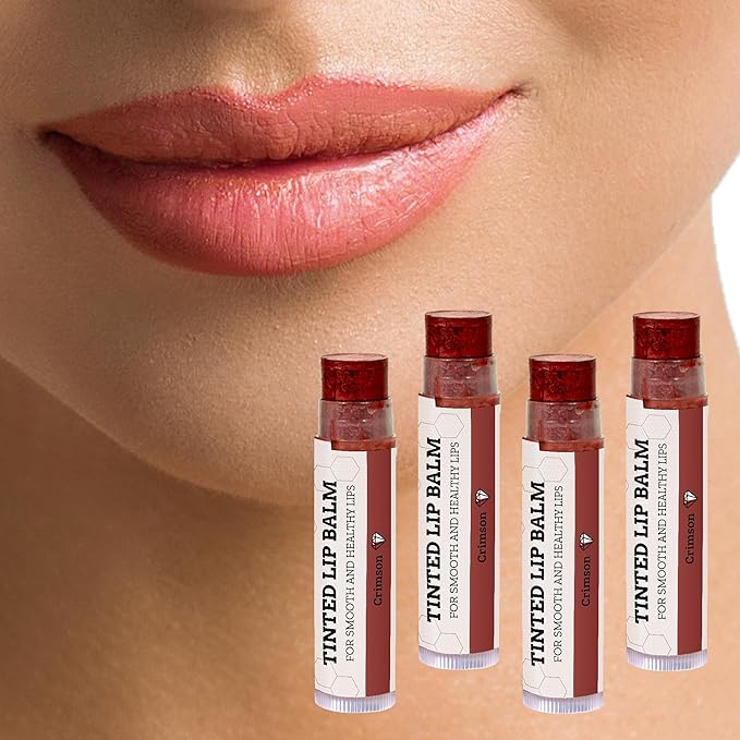 Tinted Lip Balm by Earth’s Daughter – 4 Pack of Crimson Color – Beeswax, Coconut Oil, Cocoa Butter, Vitamin E – Moisturize and Beautify – Paraben Free-VivaGrace Women