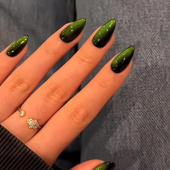 KQueenest Cat Eye Neon Green Press on Nails Almond, 30 Pcs Glitter Fake Nails Medium, Sparkly Vibrant Lime Green Black Nails Press ons, Gothic Shiny Bling Stick on Nails for Women Holiday
