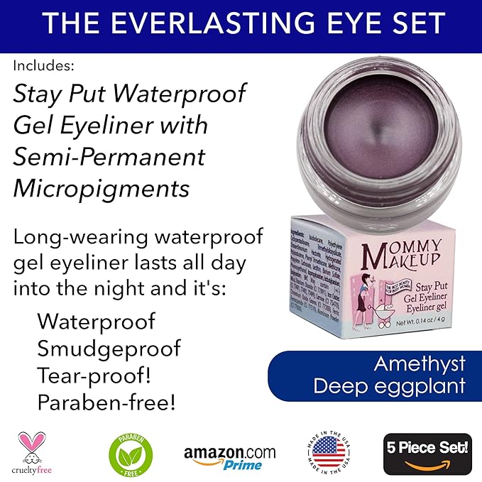 The Everlasting Eye 5 Piece Waterproof Makeup Set. Gel Eyeliner, Creme Eyeshadow, 2 brushes and Mesh Bag. Paraben-free, Talc-free, Cruelty-free. Elsa/Amethyst 1106-VivaGrace Women