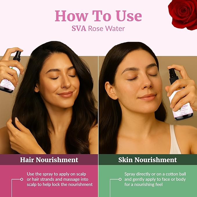 SVA ORGANICS Rose Water 4oz (118 ml) Refreshing Rose Water Spray for Skin Care, Skin Hydration, Bath, Soaps, Haircare & Aromatherapy-VivaGrace Women